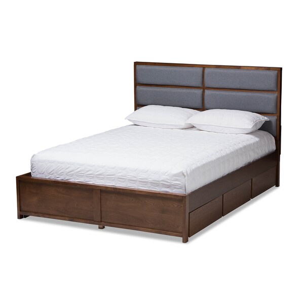 Baxton Studio Macey Grey Upholstered Walnut Finished King Size Storage Platform Bed 146-8196 - main